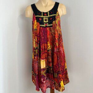 Shanaya Medium Multicolored Patchwork Print BOHO Halter Dress Sleeveless Jeweled